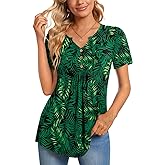 CATHY Womens Short Sleeve Tunic Tops Henley Shirt V Neck Button Up Blouse Casual Pleated Basic Pullover