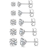5/6 Pairs Stud Earrings Set Surgical Stainless Steel Hypoallergenic Earrings Cubic Zirconia 316L Round CZ Studs for Women and Men 3-8mm