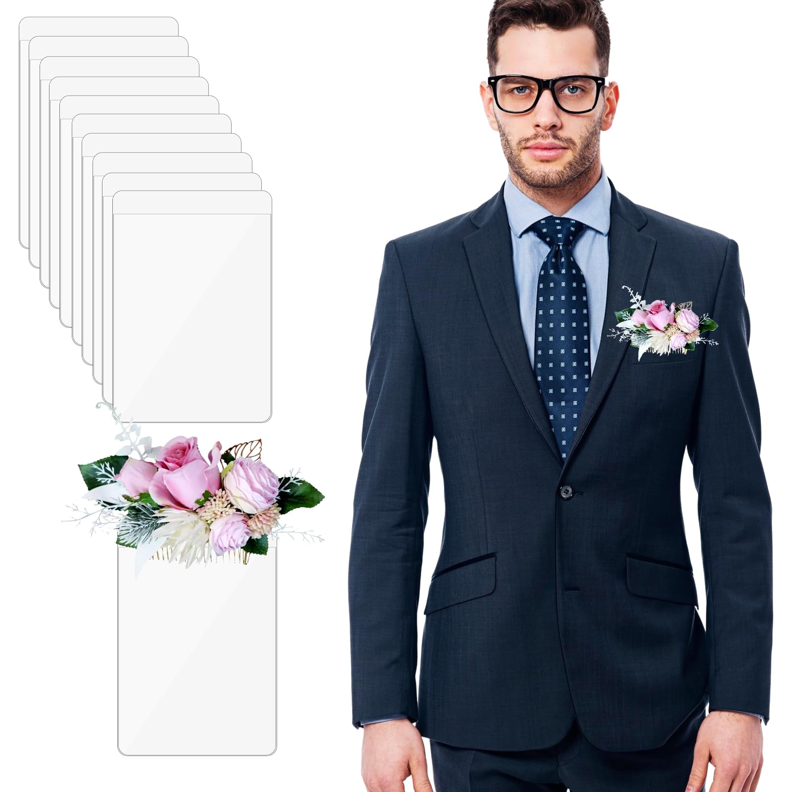 Photo 1 of 10 PCS Pocket Boutonniere, PVC Flower Sleeve, Square Holder for Suit for Groom Groomsmen, Prom and Homecoming, Fits in Suit Chest Pocket, No need to Poke Holes(FLOWERS NOT INCLUDED)