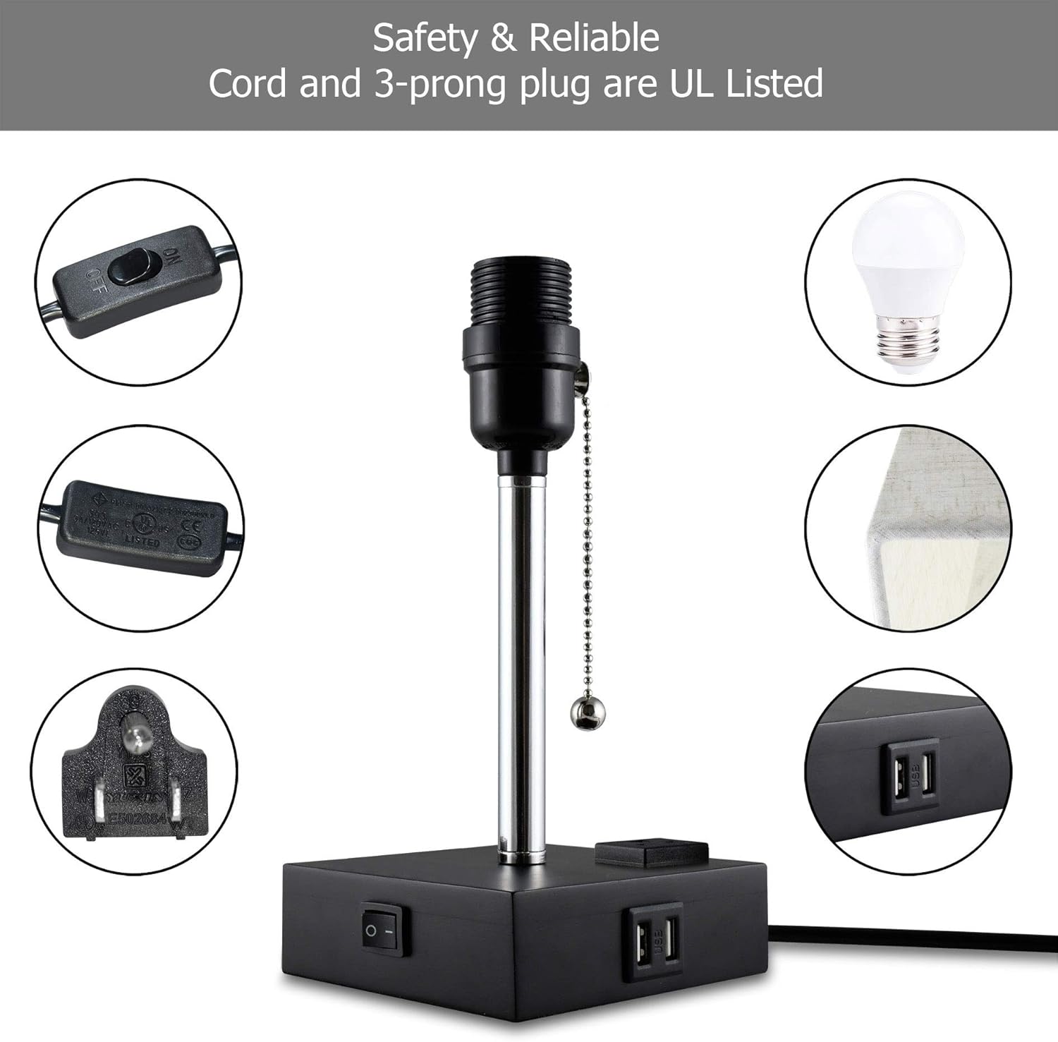 USB Table Lamp, Sailstar Bedside Lamps with Fast Dual USB Charging Ports and Outlet & Warm LED Bulb, Modern Nightstand Lamp with Black Base and Fabric Shade for Bedroom, Living Room, Office - - 