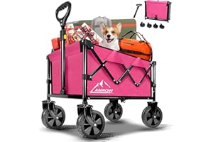 AMNOW Collapsible Wagon Cart with Wheels Foldable, Folding Wagons Carts with Silent Universal Wheels, Large Grocery Cart On Wheels, Heavy Duty Utility Wagon for Shopping Beach Sports Fishing Camping, Rose