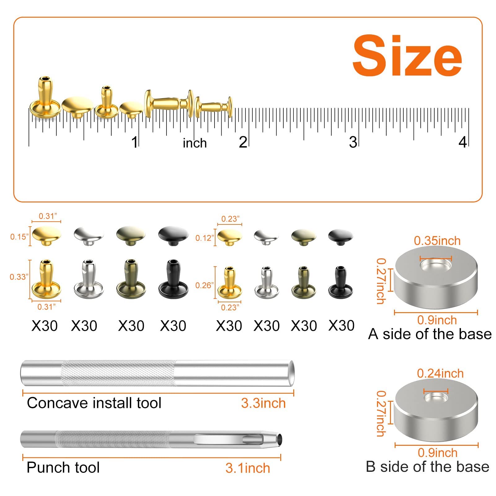 Alritz 240 Sets Leather Rivets, Double Cap Rivet Tubular 4 Colors 2 Sizes Metal Studs with Fixing Tools for DIY Leather Craft/Clothes/Shoes/Bags/Belts Repair Decoration
