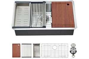 EcoChannels Undermount Kitchen Sink, 33 x 19 Inch Sink Kitchen 16 Gauge Stainless Steel Kitchen Sinks Single Bowl Workstation Sink with Cutting Board