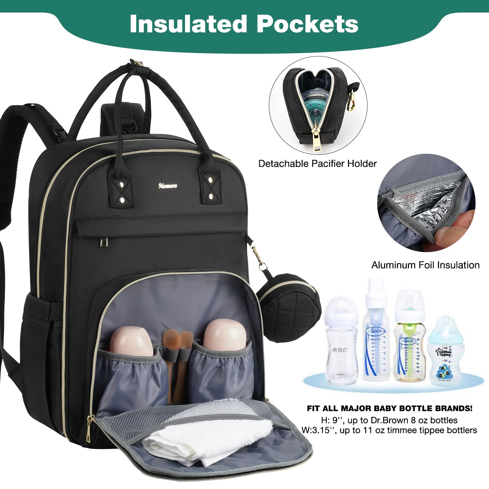 MOMUVO Diaper Backpack for Women Large Capacity with Insulated Pockets Diaper Bags For Baby Girl Boy Waterproof Baby Bags