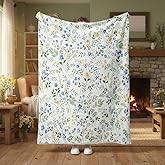 Spring Floral Throw - Blue & Yellow Watercolor Floral Blanket for Couch Sofa Camping, Farmhouse Cottagecore Flowers Bedding Decor, Soft Warm Flannel Throw for Women Girls, 50X60