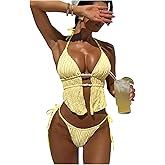QJQ Women's 2 Piece Halter Bikini Sets Textured Backless Thong Swimsuit Triangle Tankini Cute Cheerky Bathing Suits 2026