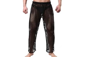 JEKE-DG Men's See Through Mesh Pant Fishnet Openwork Lingerie Pants Drawstring Sexy Long Pants Pajamas Bottoms