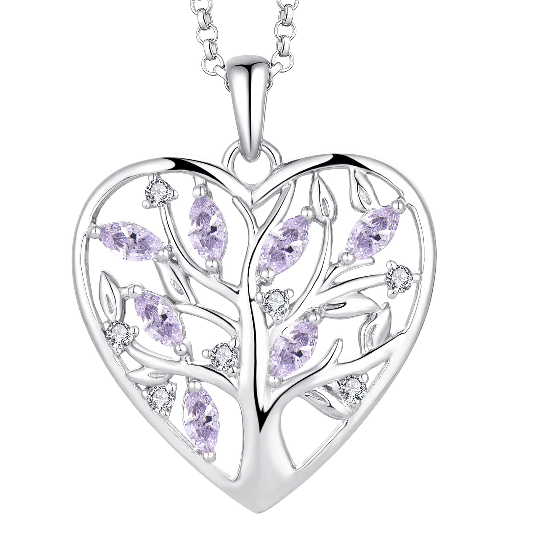 JO WISDOM Women Heart Necklace,925 Sterling Silver Tree of Life Pendant Necklace with 3A Cubic Zirconia June Birthstone Alexandrite Color Jewelry for Women — image 1