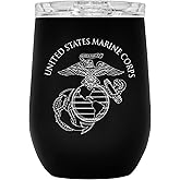 Military Gift Shop USMC Steel Stemless Wine Glass Tumbler, 12 oz Double Wall Vacuum Insulated Outdoor Tumbler–Black with Marine Corps logo | USMC Wine 12oz