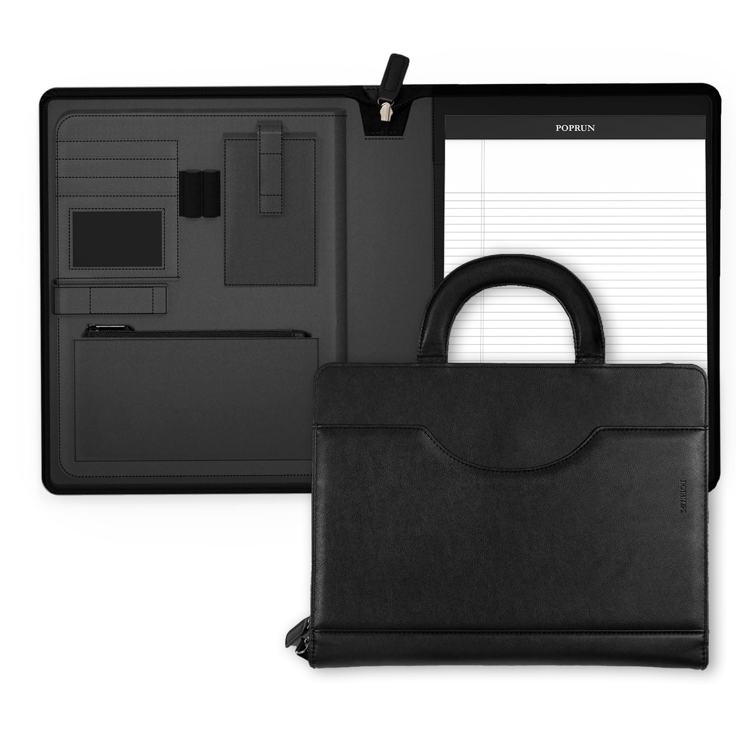 Photo 1 of POPRUN Portfolio Binder with Zipper, Leather Padfolio Document Organizer with Storage, Professional Business Briefcase ideal for Meeting Presentation Work-Includes 50 Sheet Writing Pad, Black