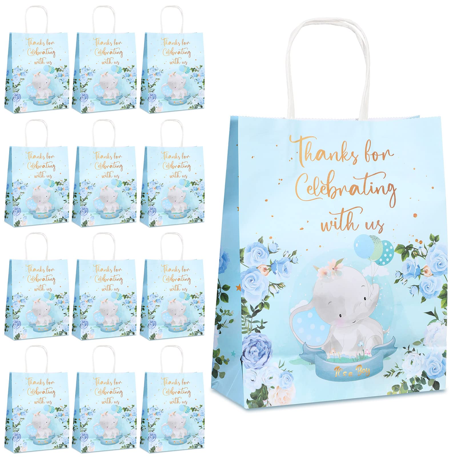 24 Pcs Elephant Bag Baby Shower Paper Bag for Boy Baby Shower Birthday Party Favor Decor New Moms or Parents