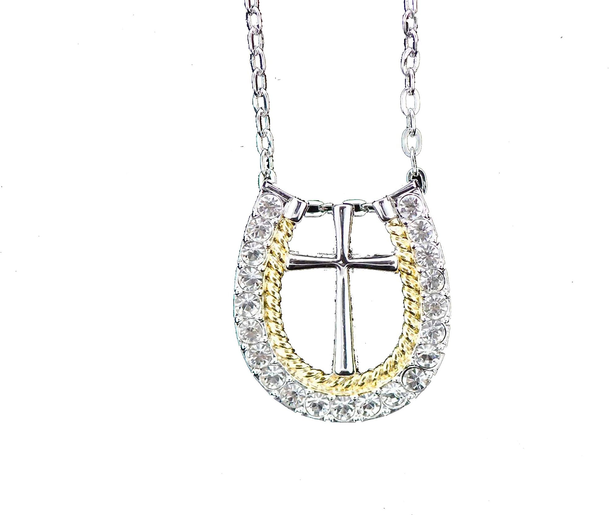 Western bling horse lover jewelry cross in horseshoe crystal rhinestone embossed rope edge necklace