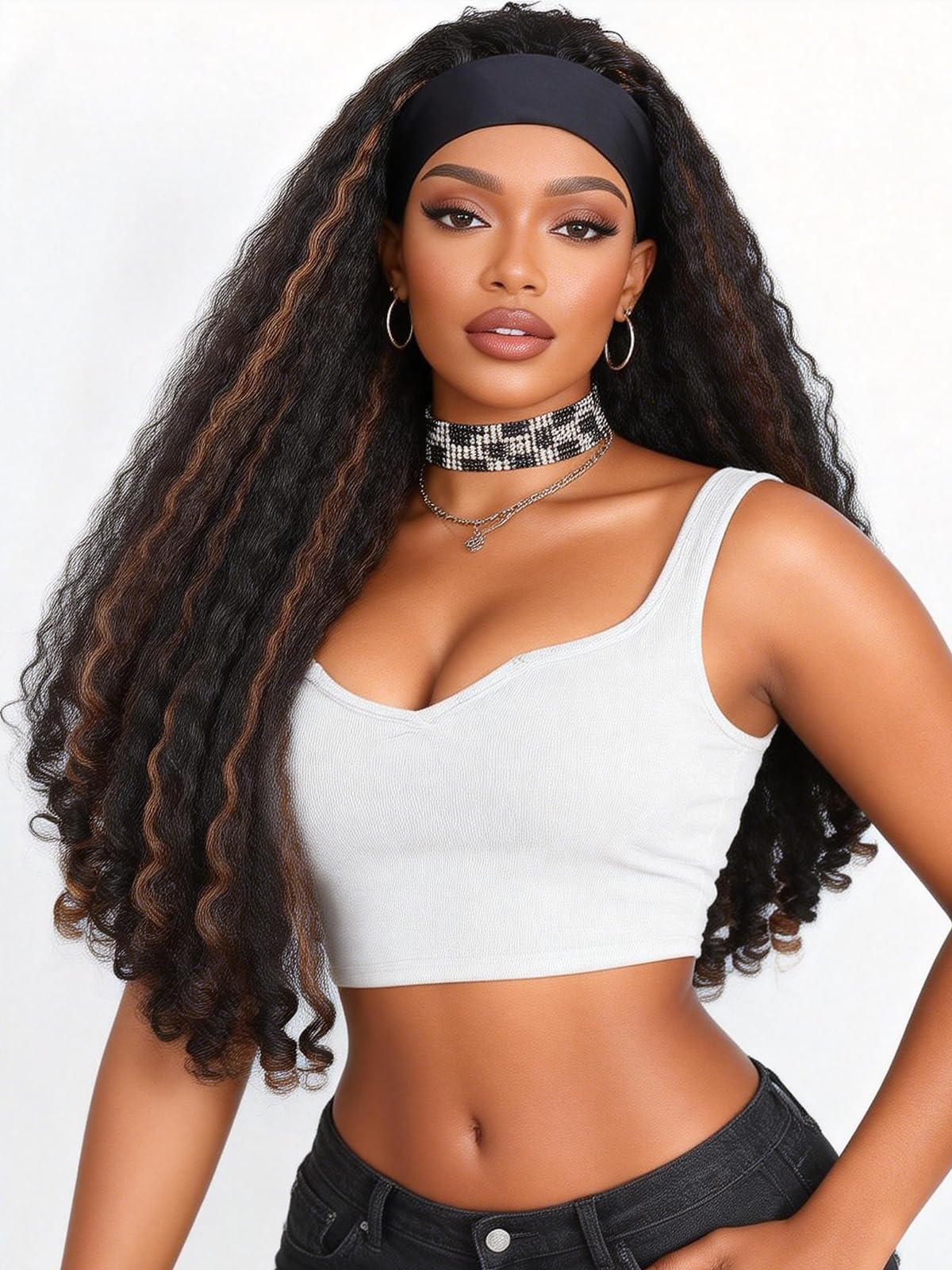 Photo 1 of *** HEAVILY USE (TANGELD) / ODOR*** Zfirst Curly Headband Wig 26 Inch?Afro Curly Wigs for Black Women?Kinky Straight Synthetic Hair with Bouncy Curls In the End?Wear and Go Glueless Half Wig (Mixed Brown)