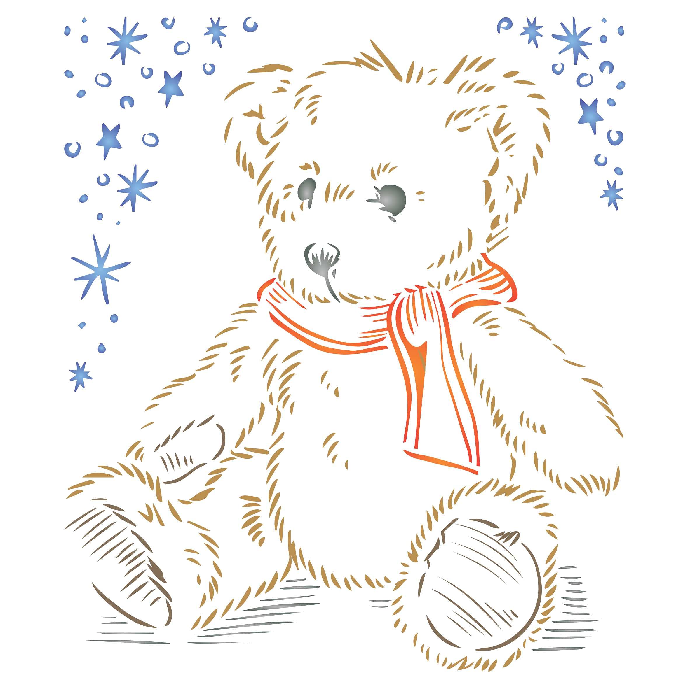 Stencil Company Teddy Bear Stencil, 16.5 x 16.5 cm (S) - Fluffy Tatty Scruffy Teddy Scarf Stars Kids Design Big Childs Room Stencils for Painting Template (GB-KS2252S)