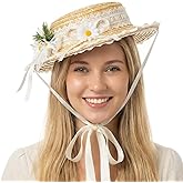 Panchitalk Girls Women Victorian Tea Party Sun Hat, Lolita Lace Ribbons Straw Flat Hat Wide Brim Flower Bonnet Cap