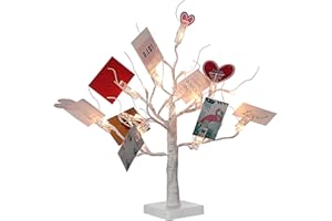 Mudder Money Holder Tree Present Card Holder with 12 Clear Clips LED Birch Twig Lights Tabletop Display Tree for Christmas, Valentines, Memo, Photo, Wedding(Trendy Style,White, Warm White)