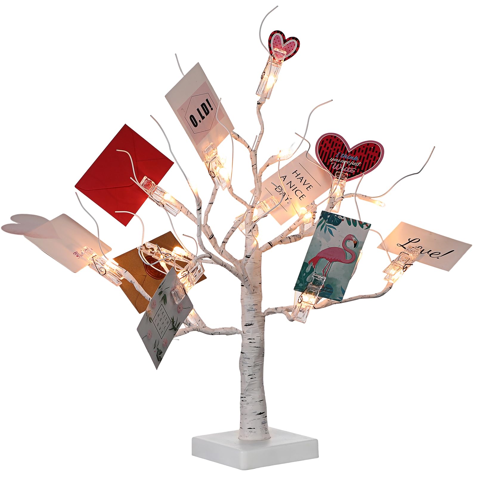 Money Holder Tree Present Card Holder, LED Birch Twig Tree Lights Tabletop, Display Tree with 12 Clear Clips for Christmas, Memo, Present Card, Photo, Wedding, Birthday (White)