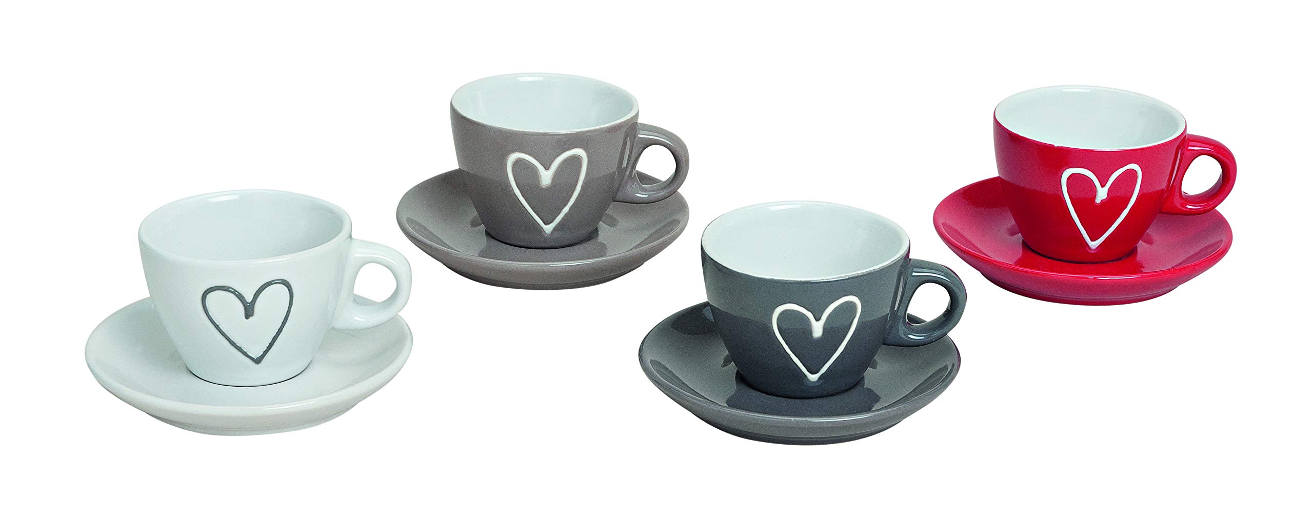 MC-Trend Set of 4 Espresso Cups with Heart and Saucer, Diameter 6.5 cm, Made of Ceramic, Multicoloured Cup, Household Mug, Coffee, Bistro, Gastro, Kitchen, Event, Canteen, Office, Handmade Cup,