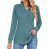 Micoson Women's Long Sleeve Button Lapel Tunic Tops V Neck Business Casual Swing Sweatshirt Pullover