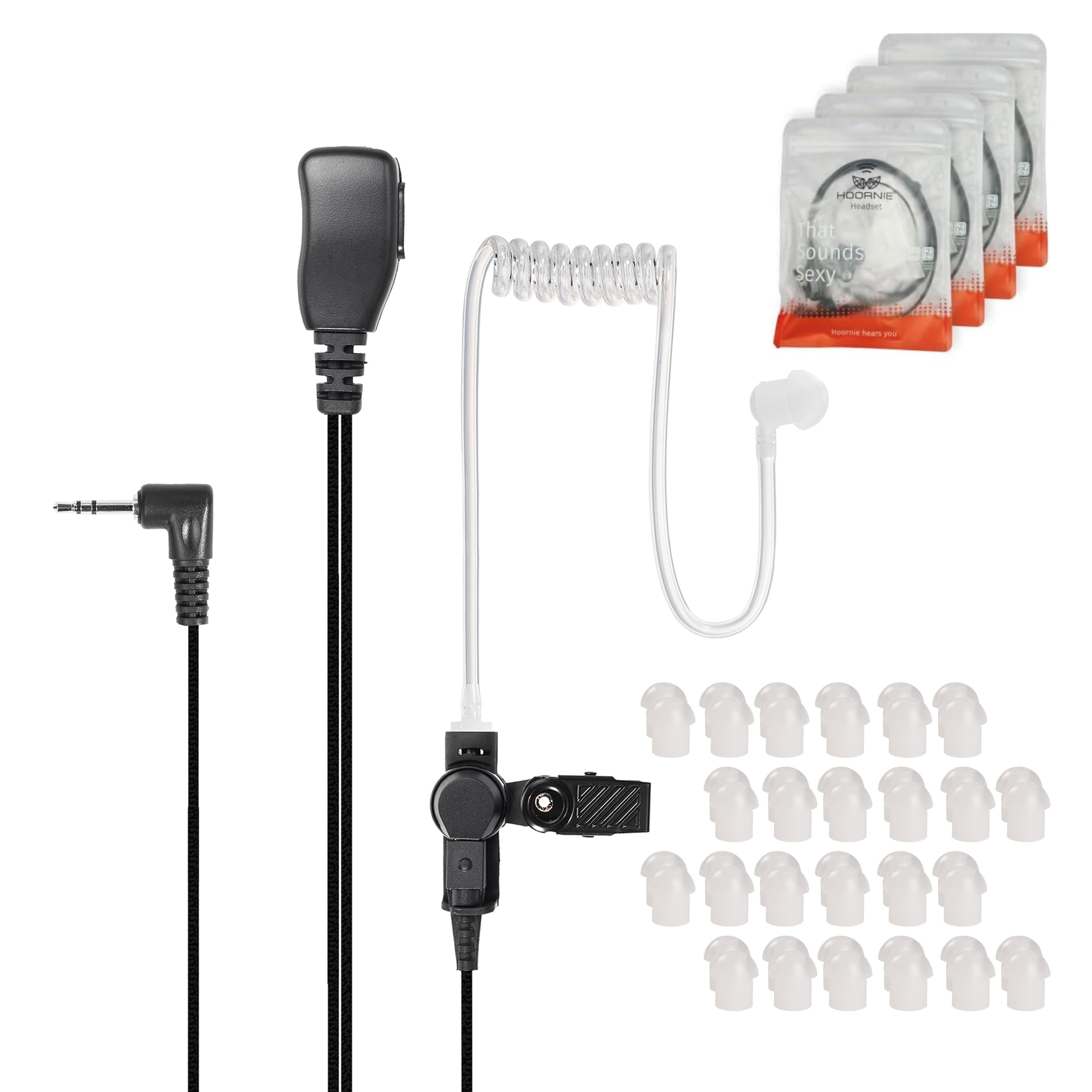 Hoornie Radio Headset (4-Pack) for Motorola TLKR and TalkAbout Series TLKR-T60, TLKR-T61, TLKR-T62, TLKR-T72, TLKR-T80, TLKR-T81, TLKR T82 Extreme, TLKR T92 H2O with 10 (x4) Ear Plugs