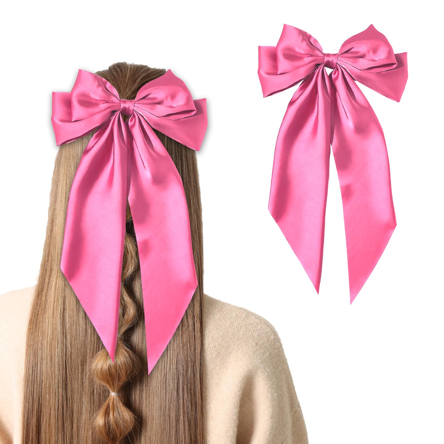 Peach Pink Large Satin Silk Bowknot Barrette with Long Ribbon for Women and Girls