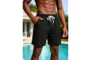 Men's Solid Color Linen Blend Casual Shorts Elastic Waist Drawstring Summer Beach Pants