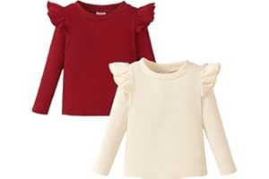 OPAWO Toddler Girl Shirts Ruffle Long/Short Sleeve Baby Girl T-Shirts Kids Blouse, Ribbed Toddler Girl Tee Tops 2-Pack 12M-6Y