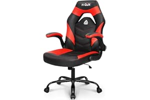 N-GEN GAMING Video Gaming Chair Ergonomic Office Desk Chair with Lumbar Support Adjustable Height Padded Flip Up Arms and Swivel Wheels Racing Style Design for Adults with PU Leather (Red)