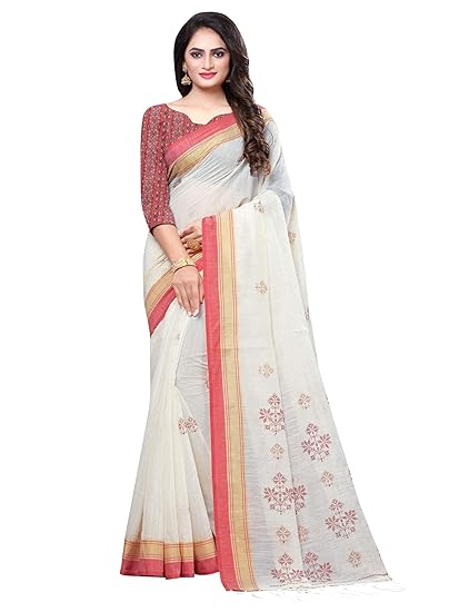 Women's Cotton Silk Saree with Unstitched Blouse Piece (Free size_Off-white_NF29C)