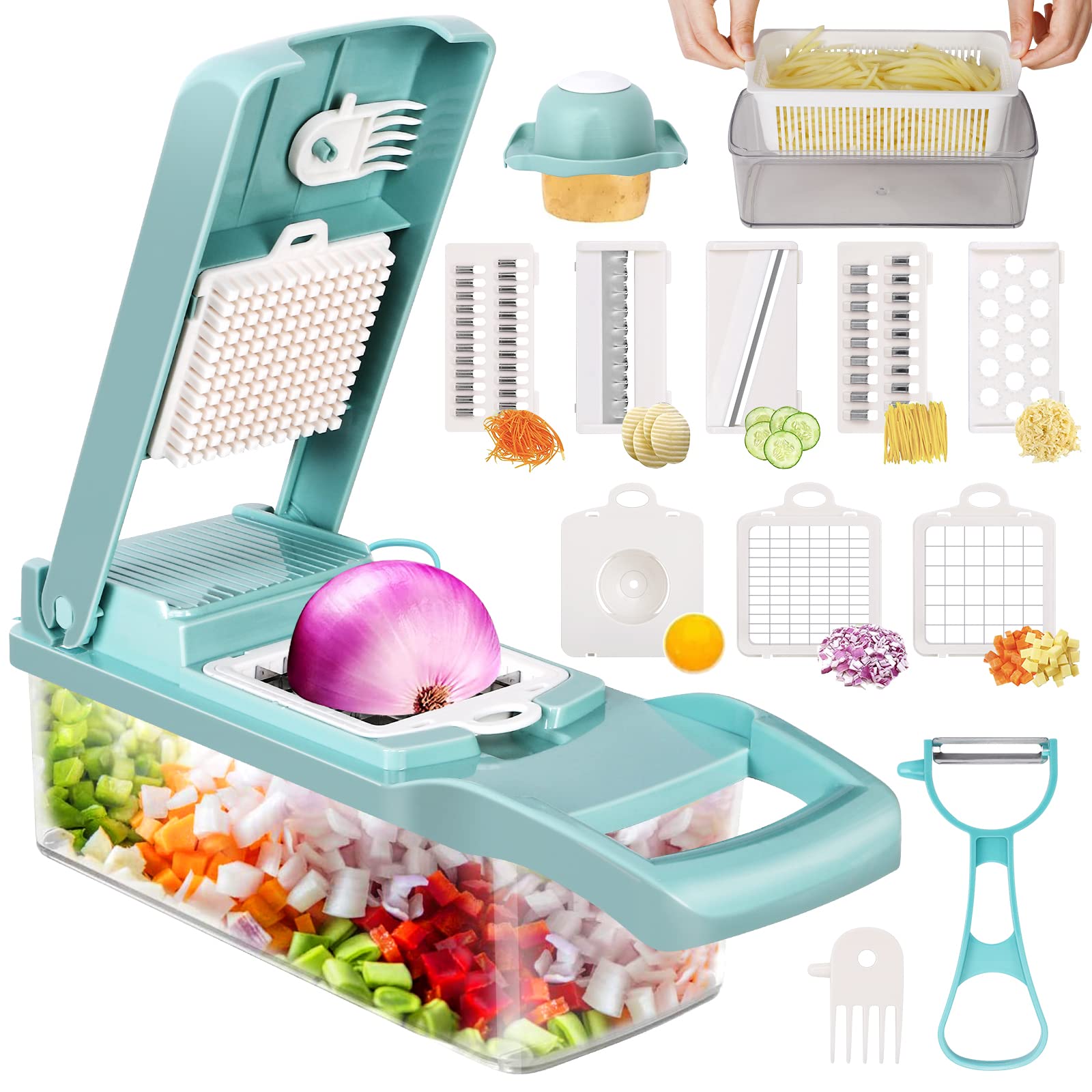KMASHI 14 in 1 Vegetable Chopper, Multifunctional Mandoline Slicer Dicer Household Kitchen Manual Julienne Grater Cutter for Onion, Garlic, Carrot, Potato,Fruit, Salad Blue