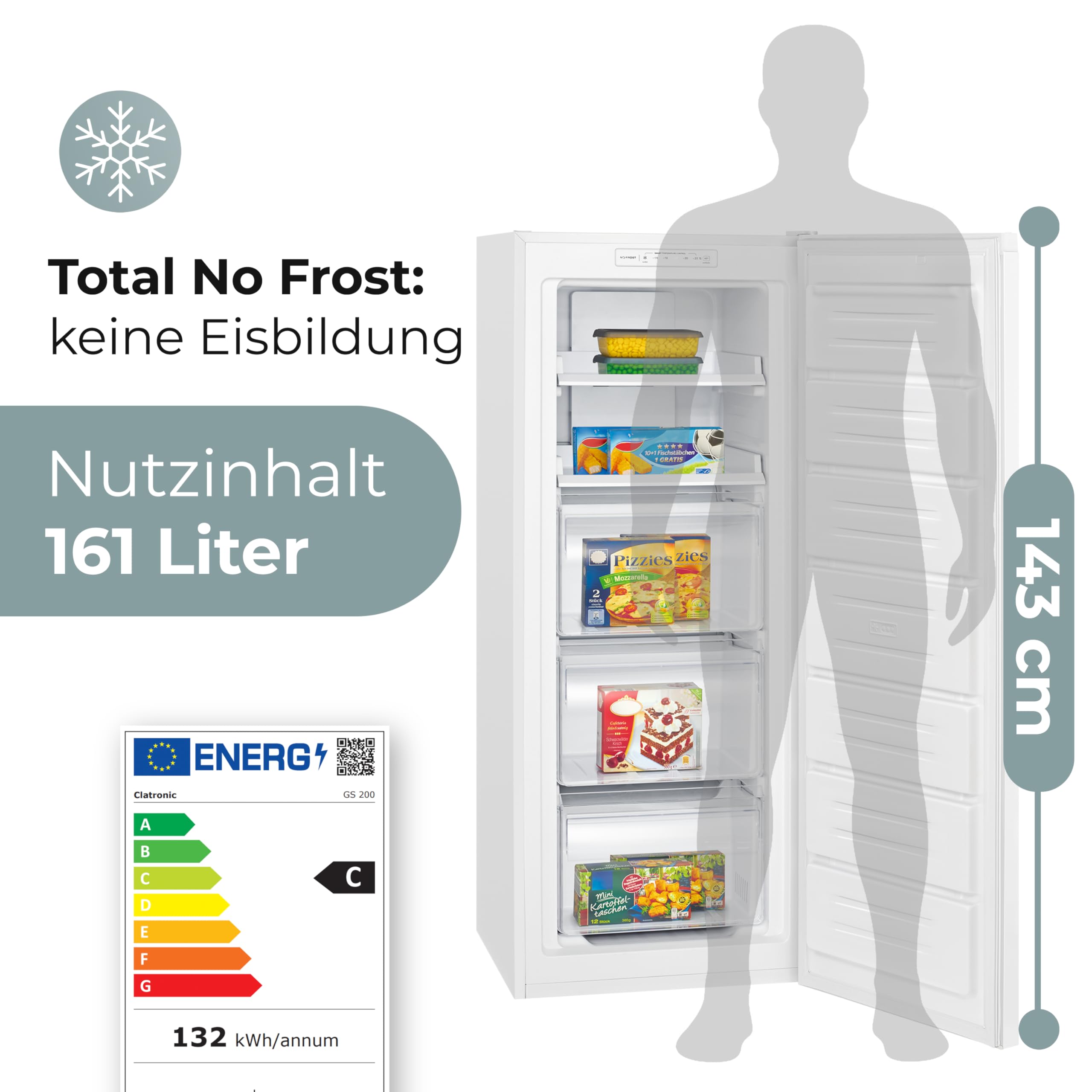 Clatronic® Gefrierschrank Nofrost | Energieklasse C | 143cm | Tiefkühlschrank | MultiAirflow | leise 39dB | bis zu -18°C | Türanschlag wechselbar | 161L Freezer | Gefrierschrank gross GS 200 weiß 2