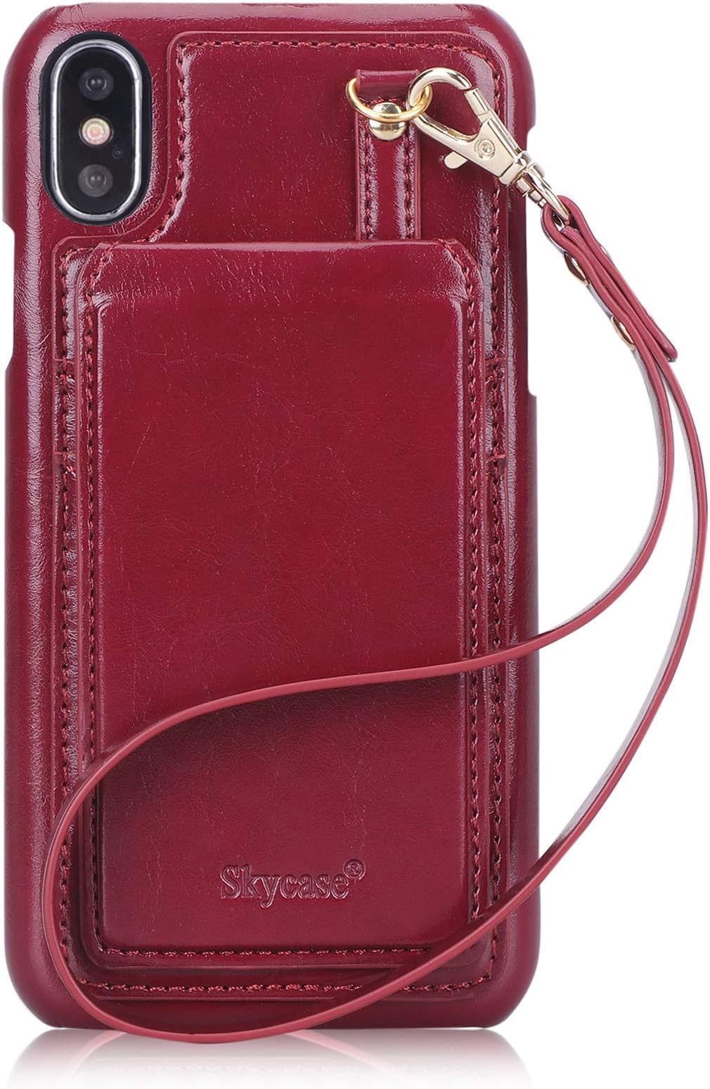 Skycase iPhone Xs Max (6.5") 2018 Case, iPhone Xs Max Wallet Case, Premium Leather Case Cover with Detachable Hand Strap, Card Slots and Makeup Mirror for iPhone Xs Max (6.5") 2018, Wine Red