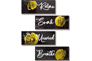 ZINYAZHE 4Pcs Yellow Bathroom Decor Yellow Rose Wall Decor Wooden Yellow Bathroom Accessories with Relax Soak Unwind Breathe Wall Art For Girl Women Bedroom Living Room Home Decoration (Yellow 10 X 4 Inch)