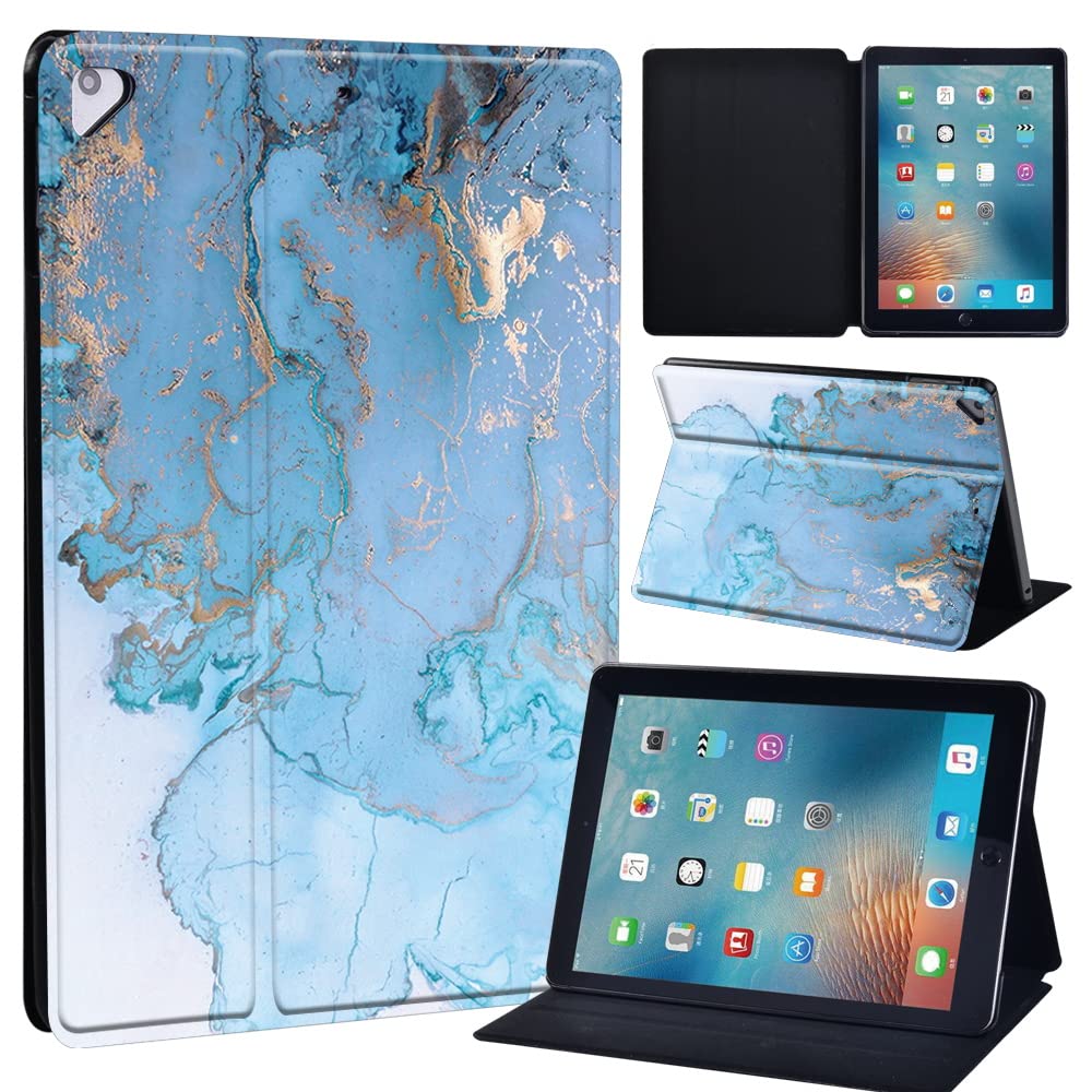 Printed Leather slim lightweight Stand Cover Folio Case for Apple New iPad 9.7 2018 2017(6th Gen, 5th Gen)/iPad Air 2/iPad Air/iPad Pro 9.7 Tablet with Auto Wake/Sleep (blue oil pattern marble)