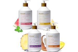RAW SUGAR Hand Wash Variety Bundle - Lemon Sugar, Watermelon + Fresh Mint, Pineapple + Maqui Berry + Coconut & Raw Coconut + Mango, Formulated without Sulfates & Parabens (16.9 fl. oz, Pack of 4)