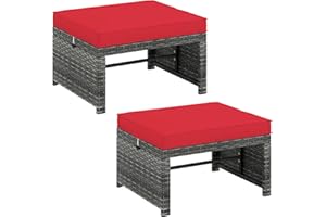 CHEFJOY Outdoor Ottomans, Set of 2 PE Rattan Foot Stool w/Soft Zippered Cushions, Multipurpose Patio Ottomans, Outdoor Furniture for Backyard, Additional Seating, Footrest, Side Table (Red)