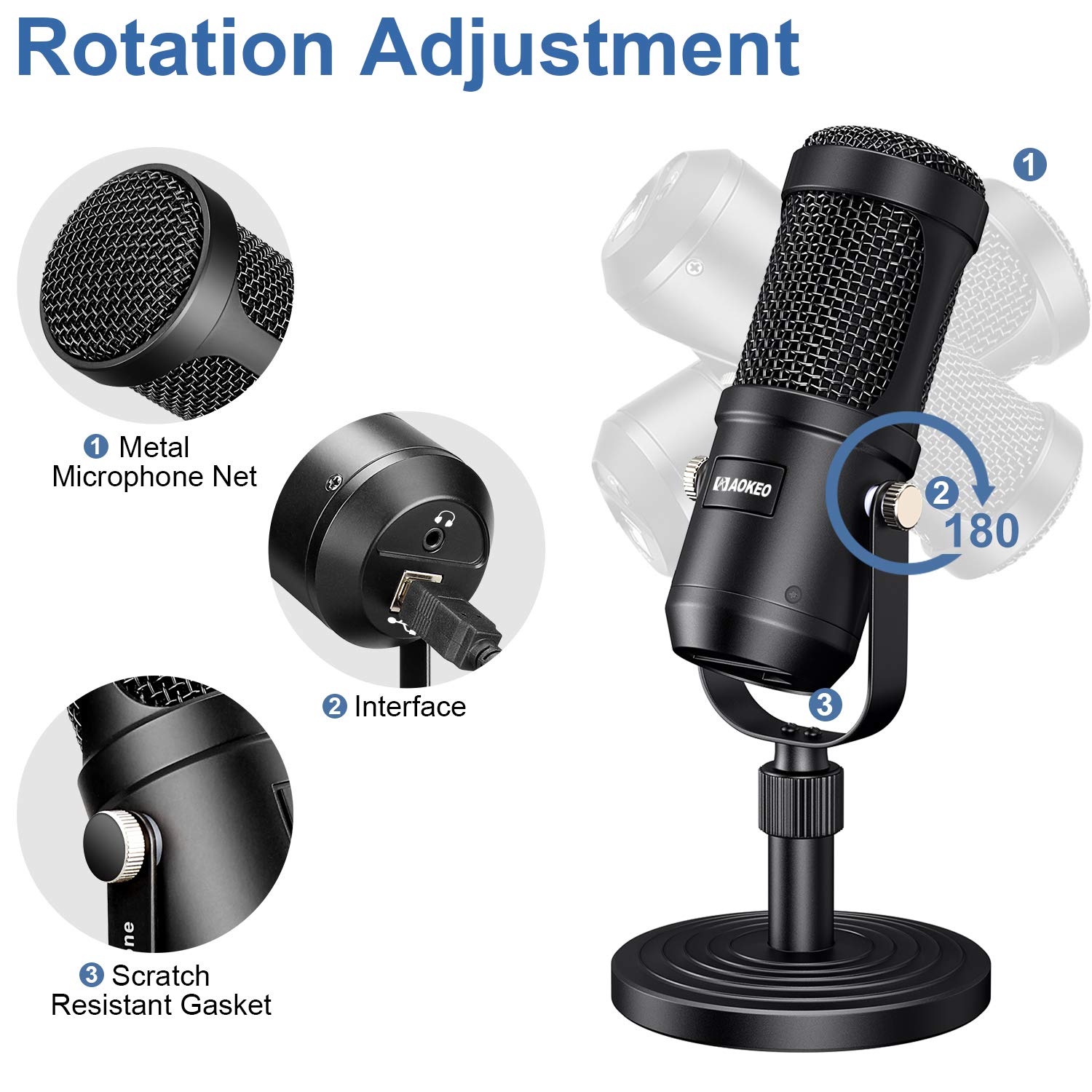 Aokeo USB Microphone, Condenser Podcast Microphone for Computer. Suitable for Recording, Gaming, Desktop, Windows, Mac, YouTube, Streaming, Discord