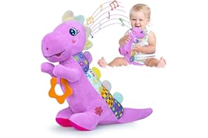 RYOTAGIFT Baby Dino Musical Stuffed Animal Toys for 0-3-6-9-12 Months，Infant Dinosaur Tummy Time Toys with Crinkle Sound Paper，Teether，Textures & Rattles for Newborn Boys Girls Birthday Gifts，Purple