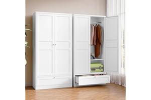 BYNSOE Metal Armoire Wardrobe Closet with 2 Doors 72'' Wardrobe Cabinet with Drawers and Hanging Rail Metal Closet with Adjustable Shelves for Bedroom. (White, with 1drawer)