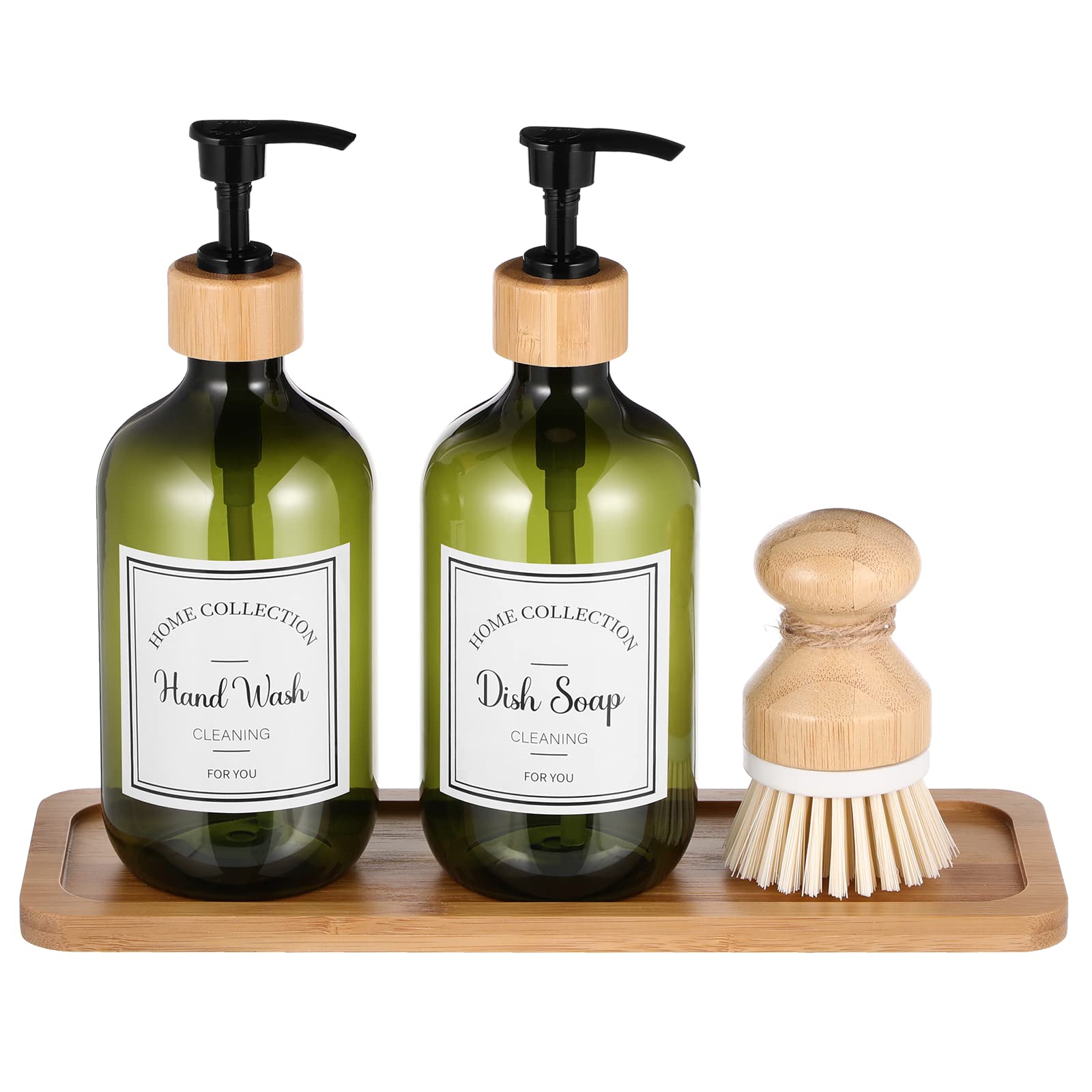 Zopeal 4 Pcs Kitchen Soap Dispenser Set with Bamboo Tray and Dish Brush Plastic Dispenser with Waterproof Labels for Hand Soap Lotion (Green)