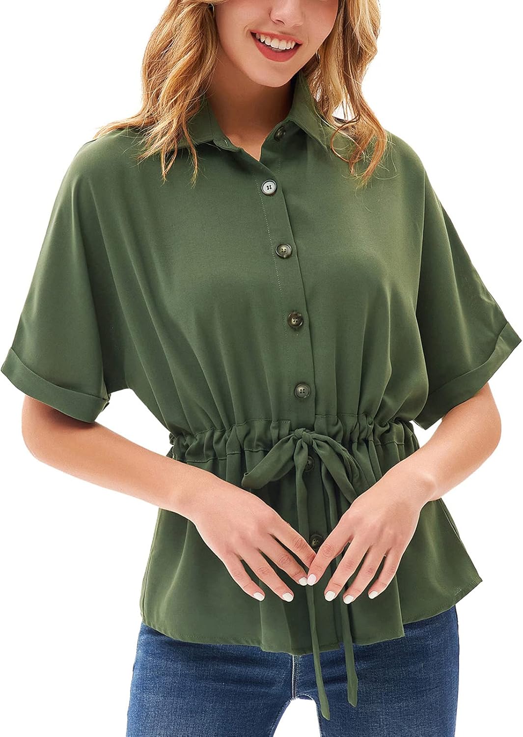 GRACE KARIN Women Summer Short Sleeve Work Office Tops Elagant Lapel Collar Drawstring Waist