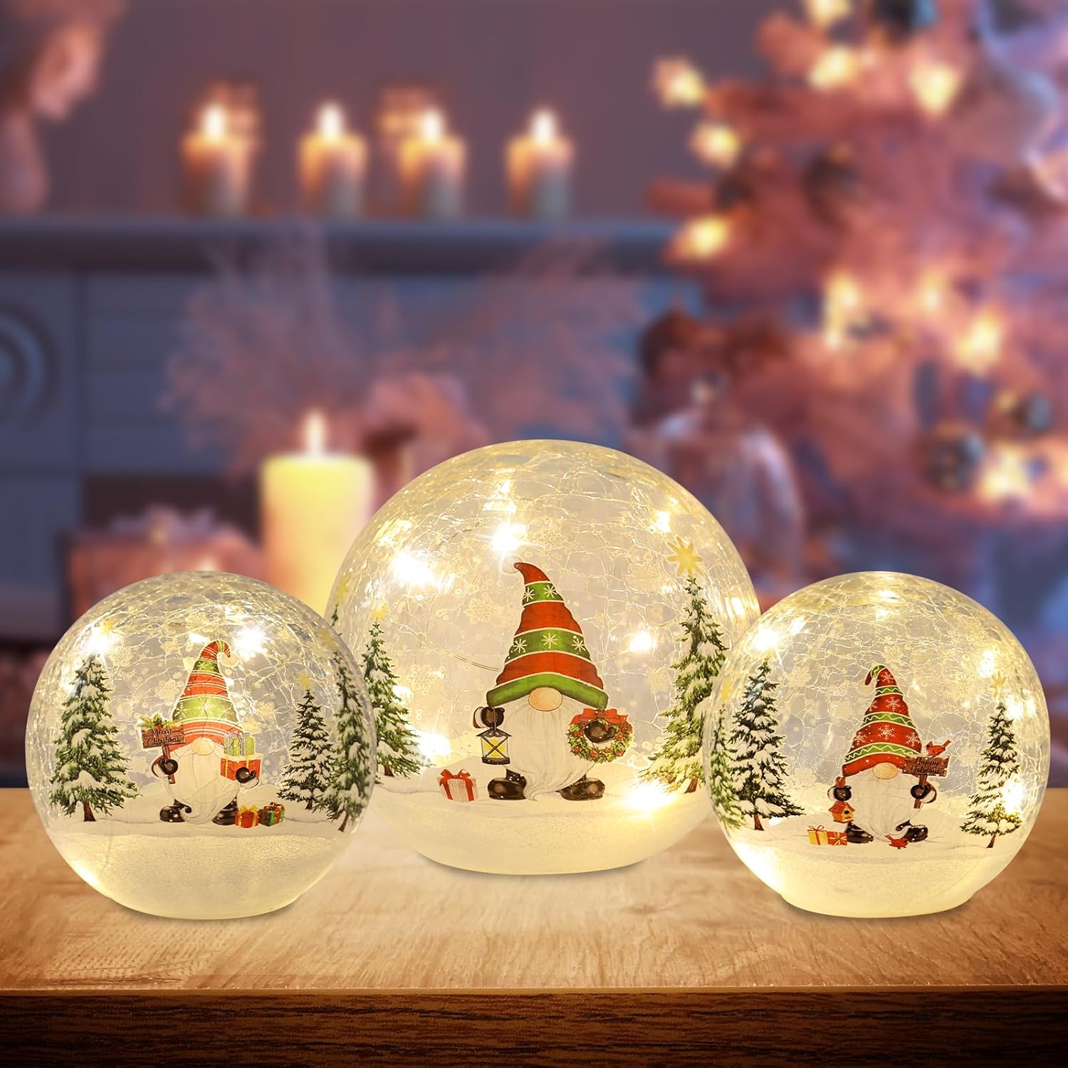 Snow Globes - PHITRIC Christmas Decorations Indoor, 3 pcs Sparkling Christmas Gnomes Globes with LED Lights and Timer, Christmas Table Decorations Crackle Glass Ball for Fireplace, Xmas Decorations Home Decor