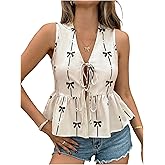 SweatyRocks Women's Bow Tie Front Tank Top Sleeveless Y2k Ruffle Peplum V Neck Crop Tops