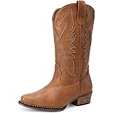 DREAM PAIRS Cowboy Boots for Women Cowgirl Western Mid Calf Boots Snip Toe Embroidered Stitched Low Chunky Heel Pull On Fashion Boots