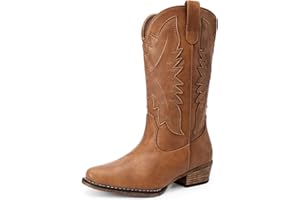 DREAM PAIRS Cowboy Boots for Women Cowgirl Western Mid Calf Boots Snip Toe Embroidered Stitched Low Chunky Heel Pull On Fashion Boots