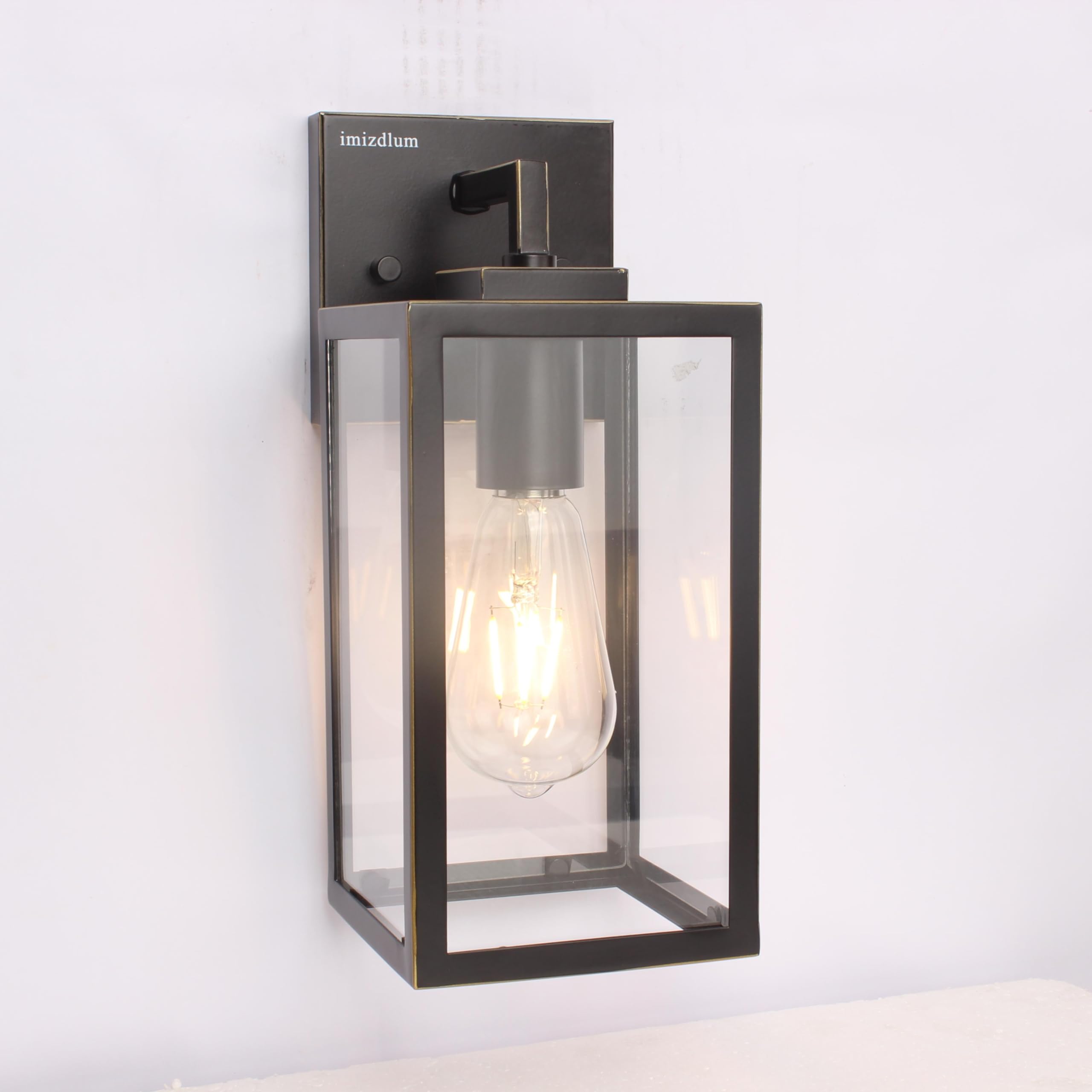 imizdlum Outdoor Wall Light Fixture, Black Exterior Lantern with Clear Tempered Glass for Front Porch, Gold Trim Design, 2-Pack, E26 Base, Lanterns for Lighting, Lights for Wall mounting