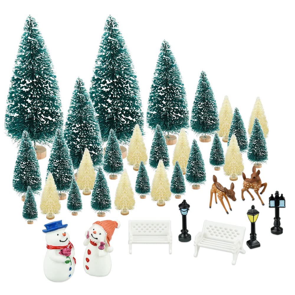 KBNIAN 36Pcs Miniature Christmas Tree, Bottle Brush Trees with Wood Base Mini Artificial Xmas Trees Mini Model Snow Trees with Mini Snowman, Street Lamps, Deer for Xmas Table Decor Miniature Scenes