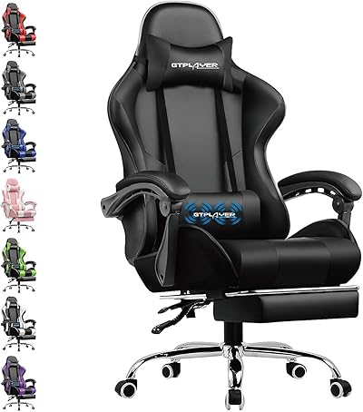 GTPLAYER Bürostuhl Gaming Stuhl Massage Gaming Sessel Ergonomischer Gamer Stuhl mit Fußstütze, Gepolstert Gaming Chair, Drehsessel 150KG, schwarz