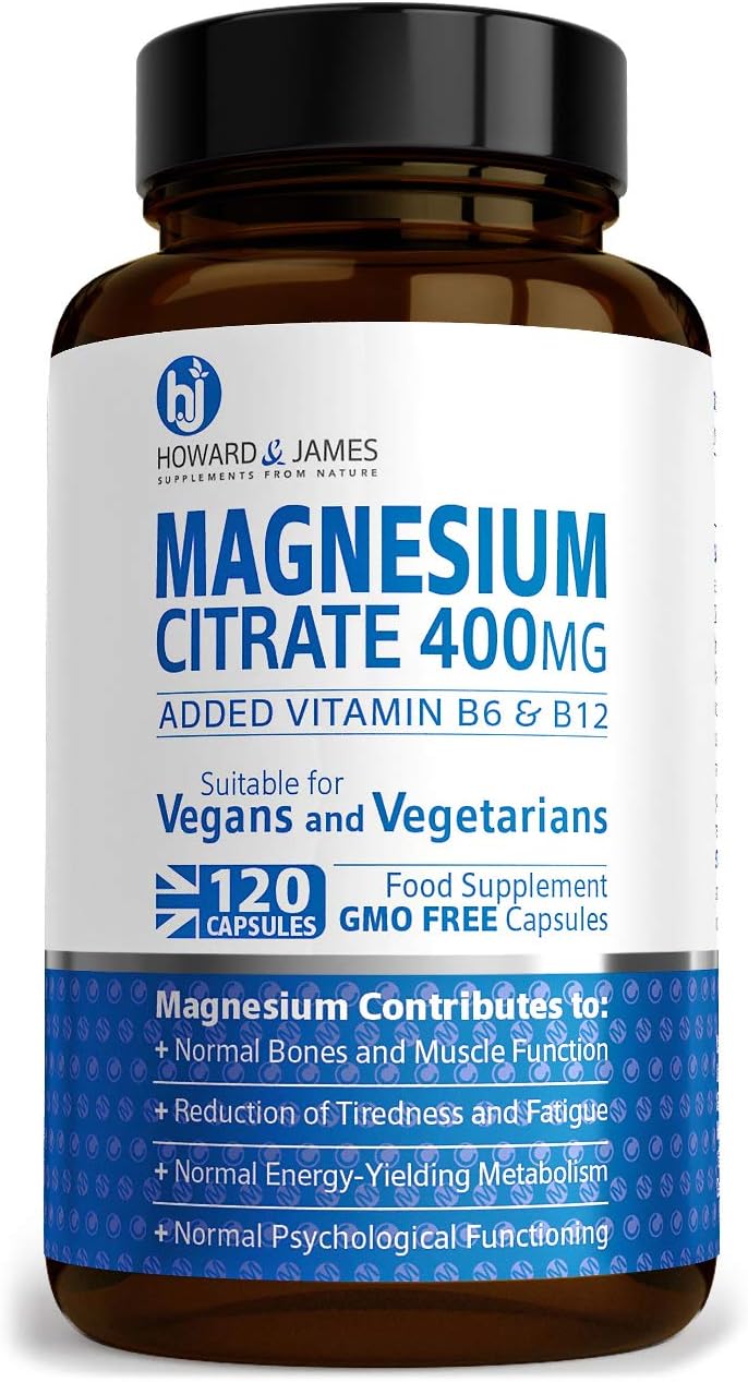 Magnesium Citrate 400mg Plus Vitamin B6 & B12 x120 Capsules by Howard & James, 120 count (Pack of 1)