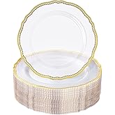 Hioasis 60pcs Clear Plastic Plates - Clear and Gold Disposable Dinnerware with Gold Rim, Heavy-duty, 7.5 inch, Dessert Plates for Party & Wedding